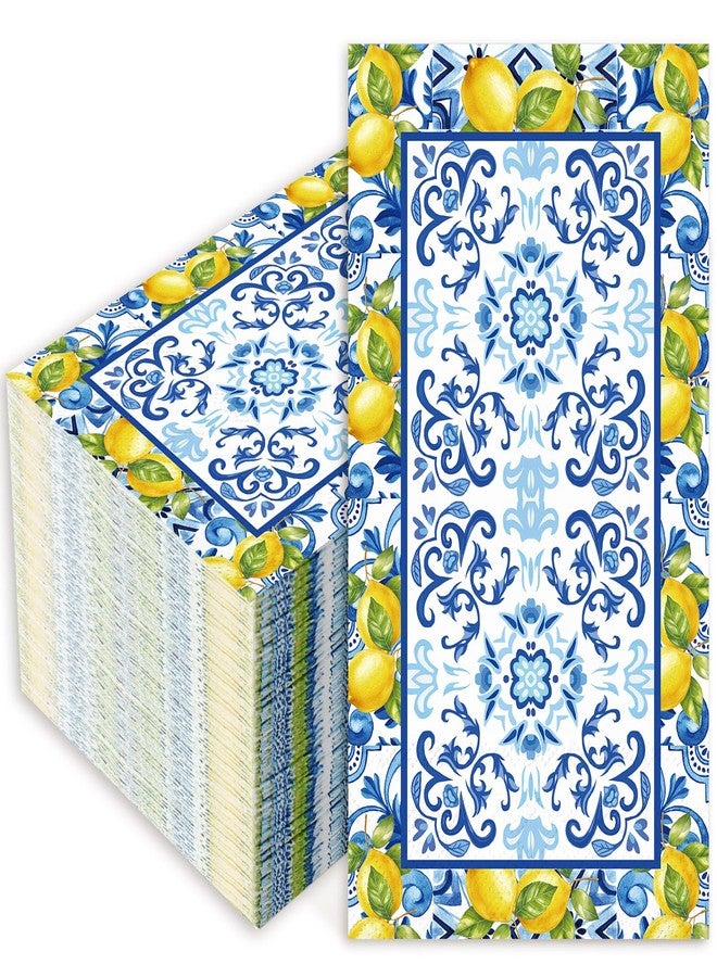 JarThenaAMCS 80Pcs Lemon Guest Napkins Blue Tile Lemon Disposable Paper Napkin Mediterranean Dinner Hand Napkin for Summer Party Supplies - Image 1